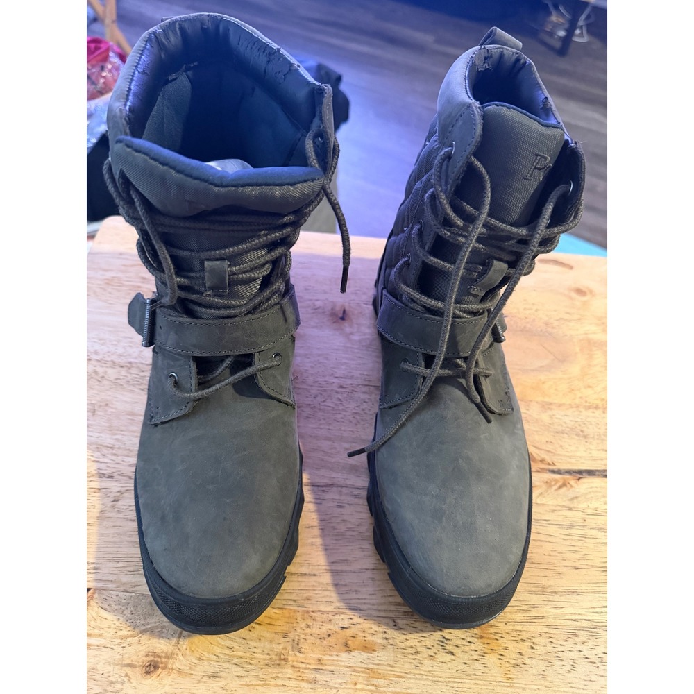 Polo Ralph Lauren Womens Quilted Combat Boots Charcoal Grey Buckle Strap LugSole
